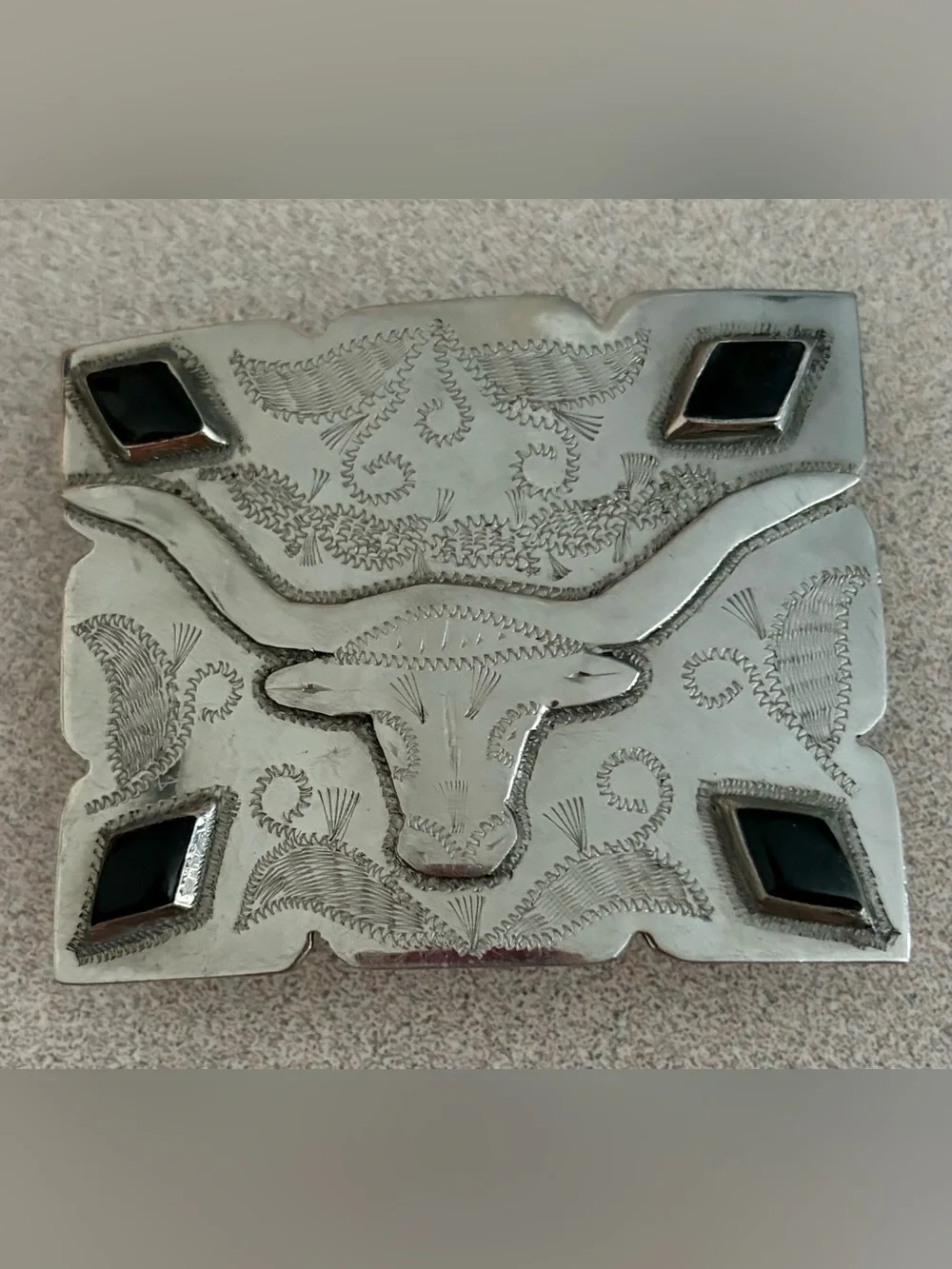 Silver Tone Western Longhorn Buckle Accent with Black Inlays